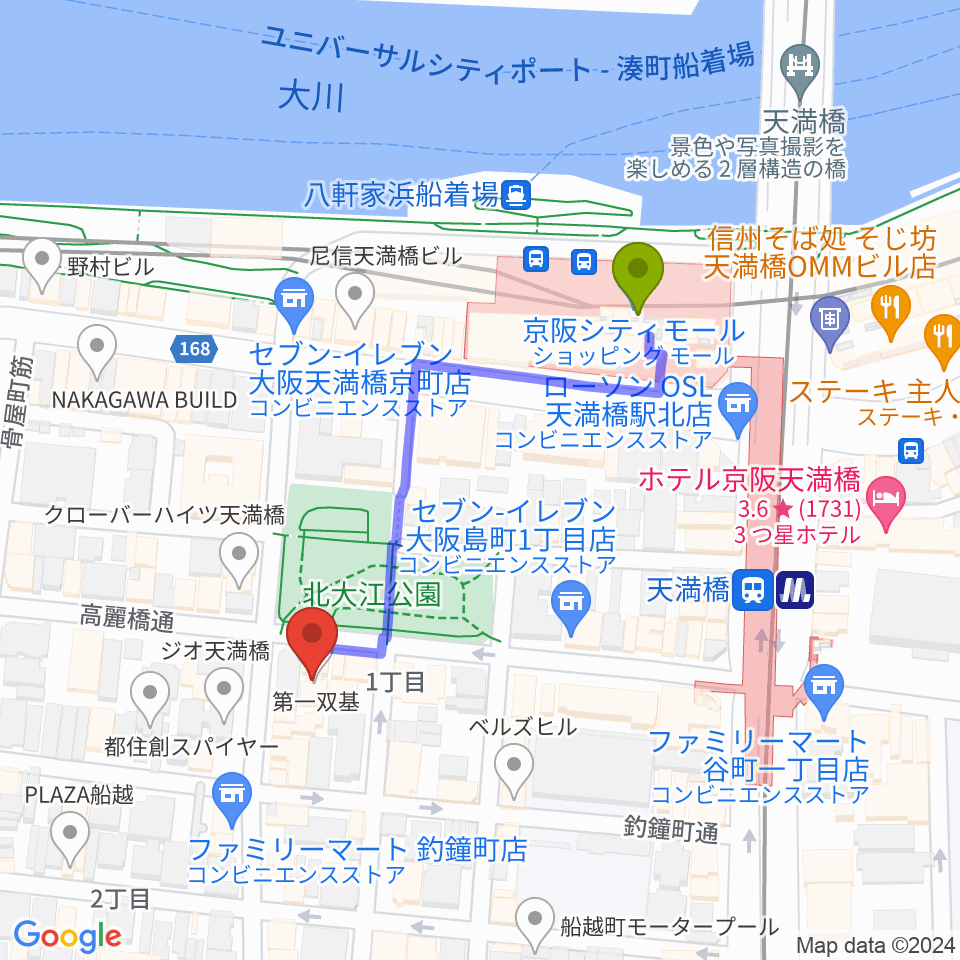 青山ハープ大阪ショールームの最寄駅天満橋駅からの徒歩ルート（約4分）地図