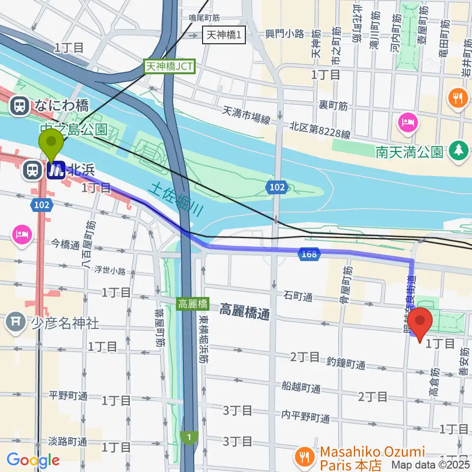 北浜駅から青山ハープ大阪ショールームへのルートマップ地図