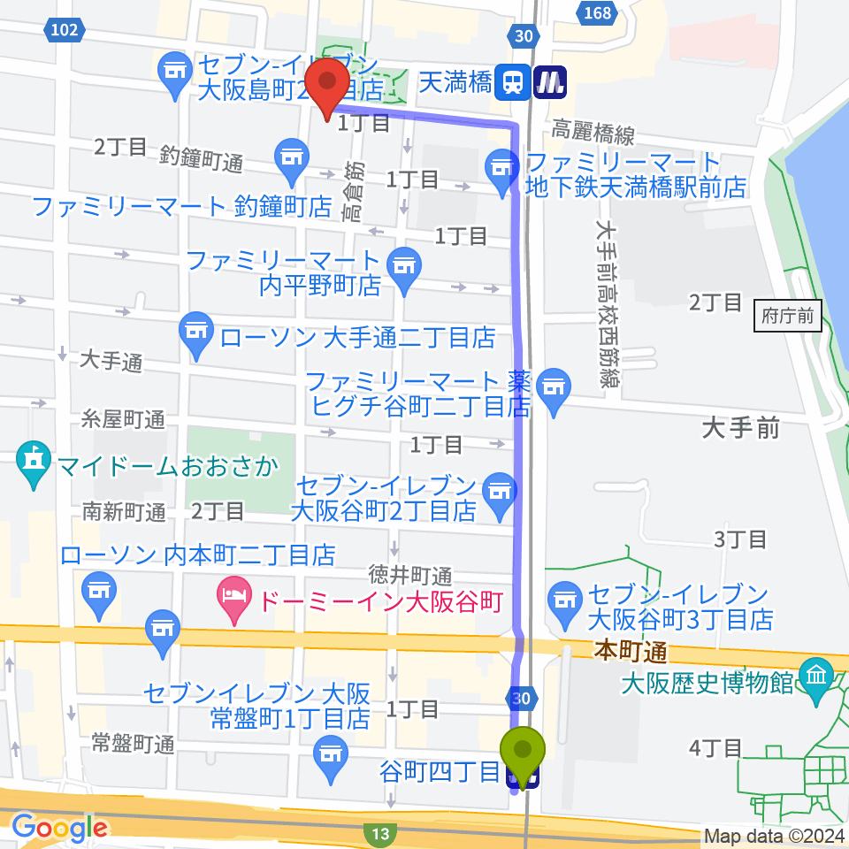 谷町四丁目駅から青山ハープ大阪ショールームへのルートマップ地図