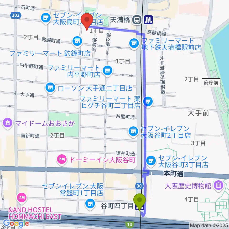 谷町四丁目駅から青山ハープ大阪ショールームへのルートマップ地図