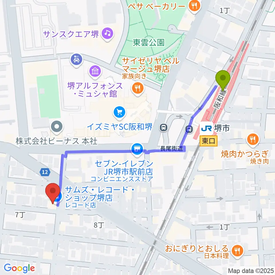 堺レッドハウスの最寄駅堺市駅からの徒歩ルート（約6分）地図