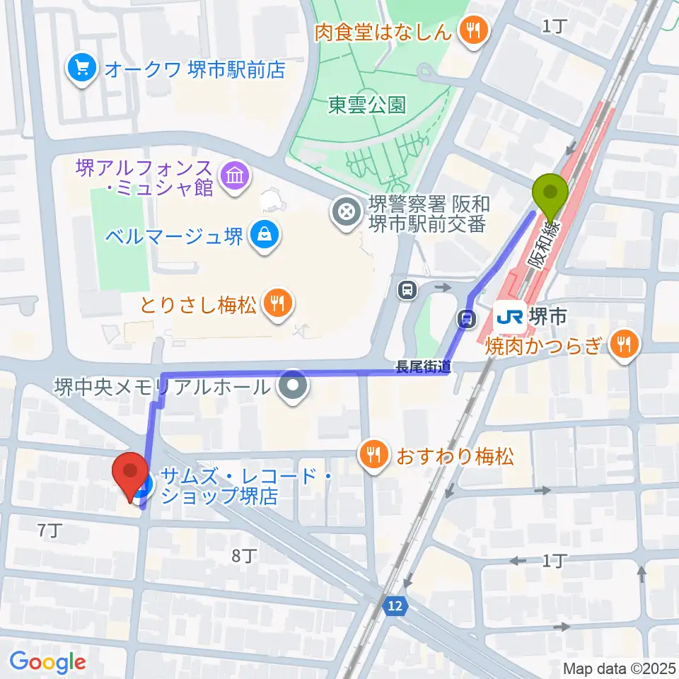 堺レッドハウスの最寄駅堺市駅からの徒歩ルート（約6分）地図