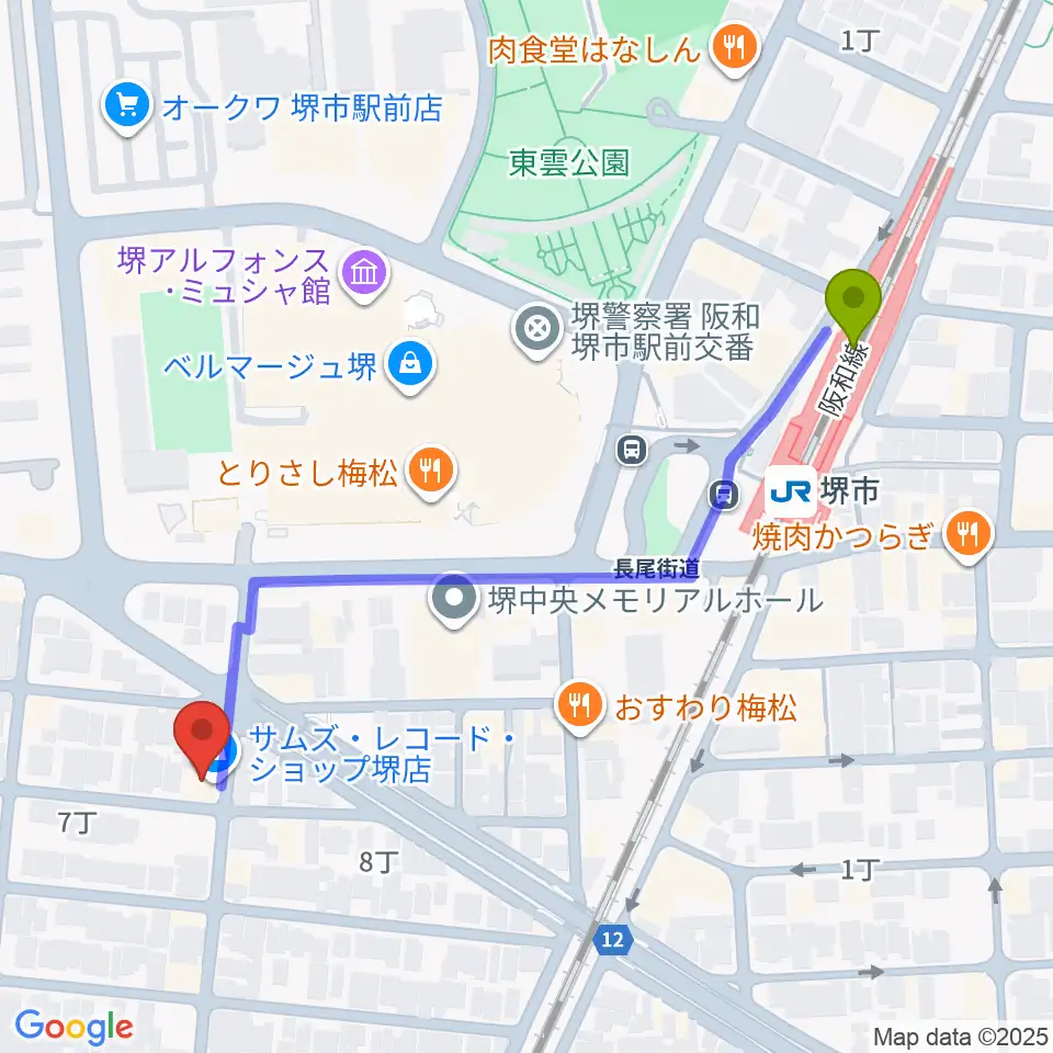 堺レッドハウスの最寄駅堺市駅からの徒歩ルート（約6分）地図