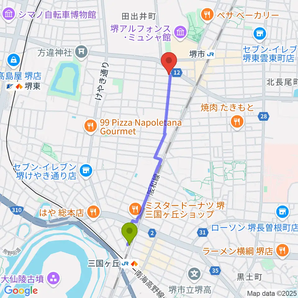 三国ケ丘駅から堺レッドハウスへのルートマップ地図