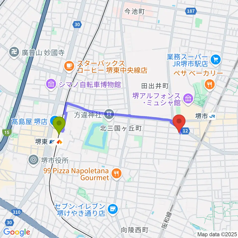 堺東駅から堺レッドハウスへのルートマップ地図