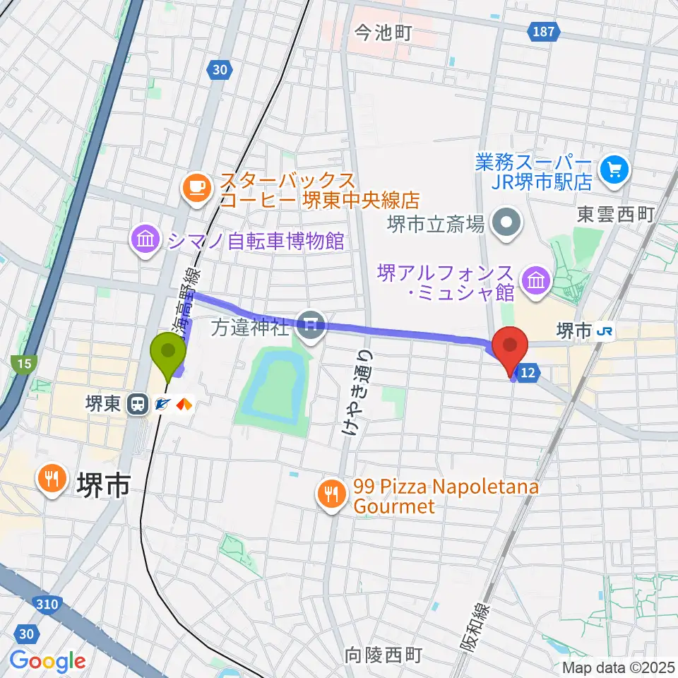 堺東駅から堺レッドハウスへのルートマップ地図