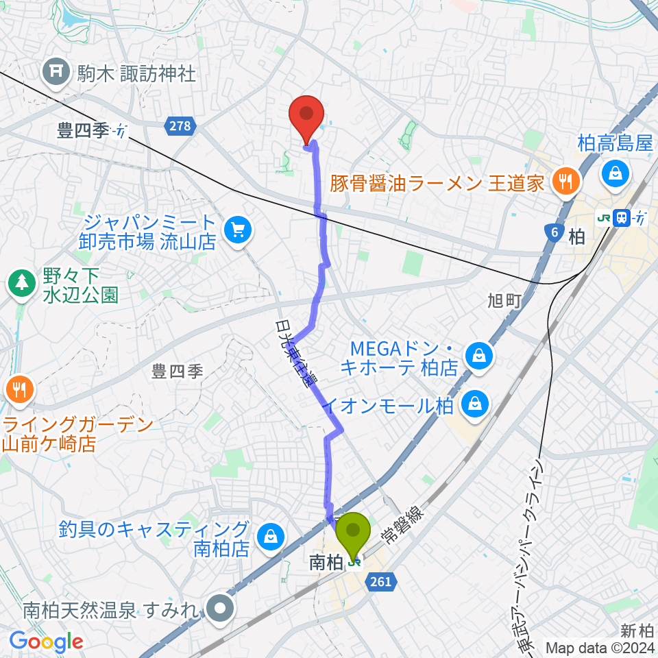 南柏駅からさかじり音楽教室へのルートマップ地図