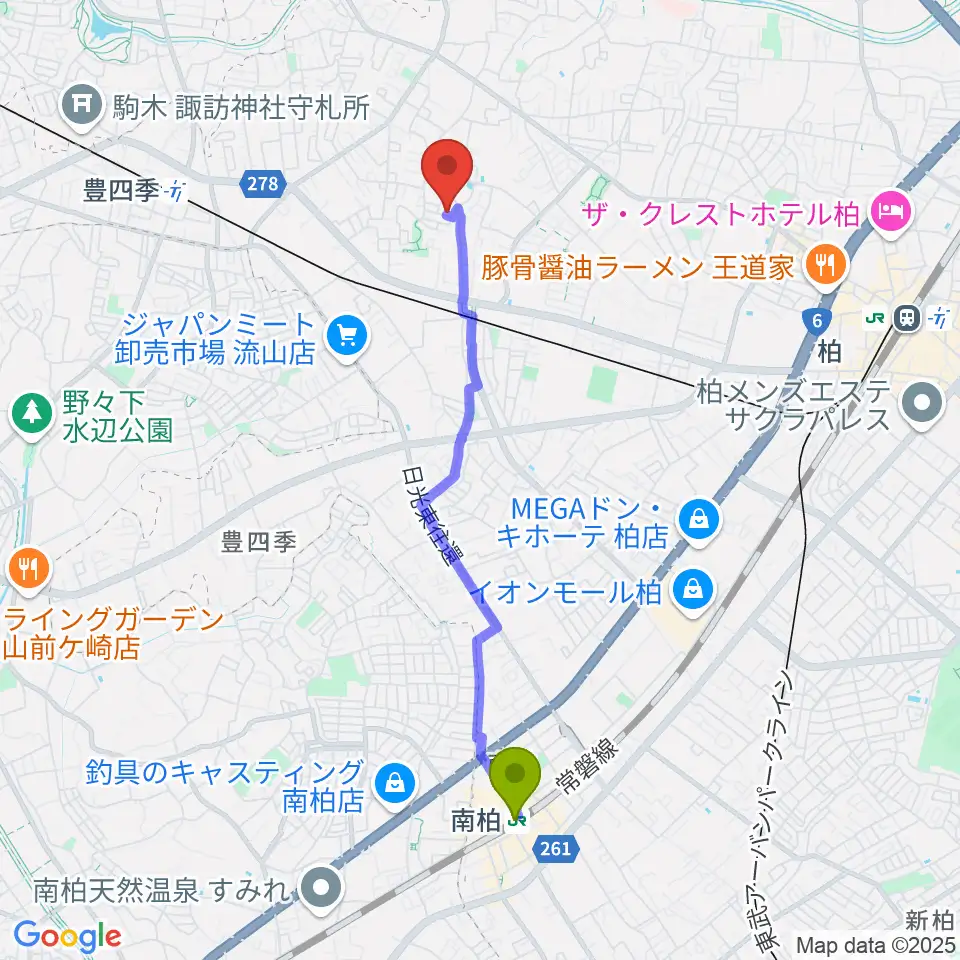 南柏駅からさかじり音楽教室へのルートマップ地図