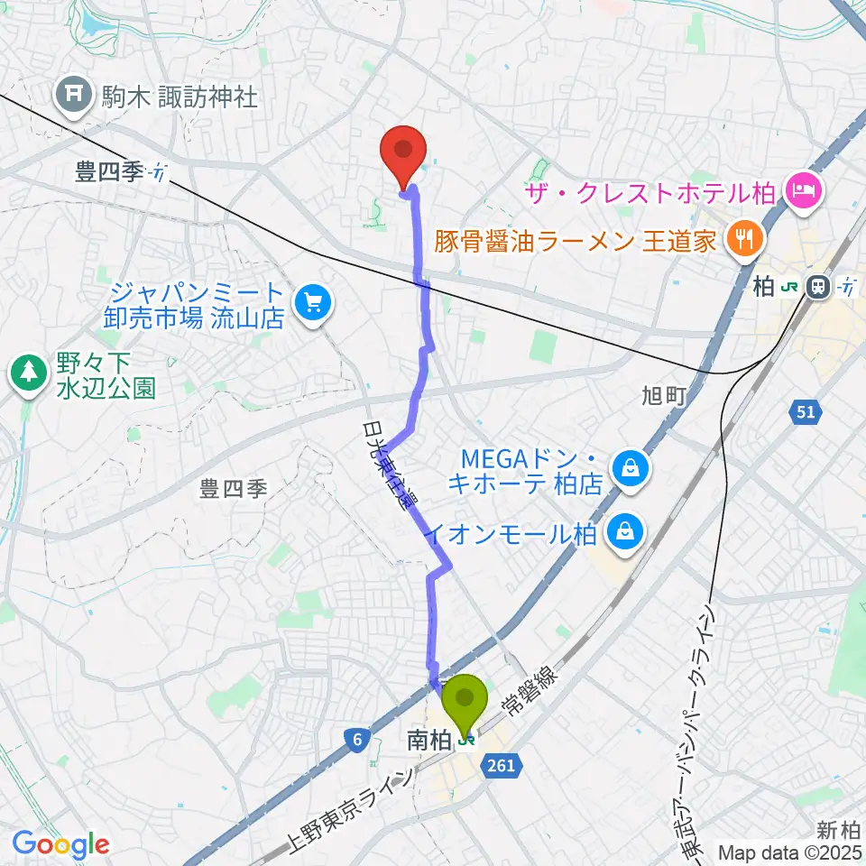 南柏駅からさかじり音楽教室へのルートマップ地図