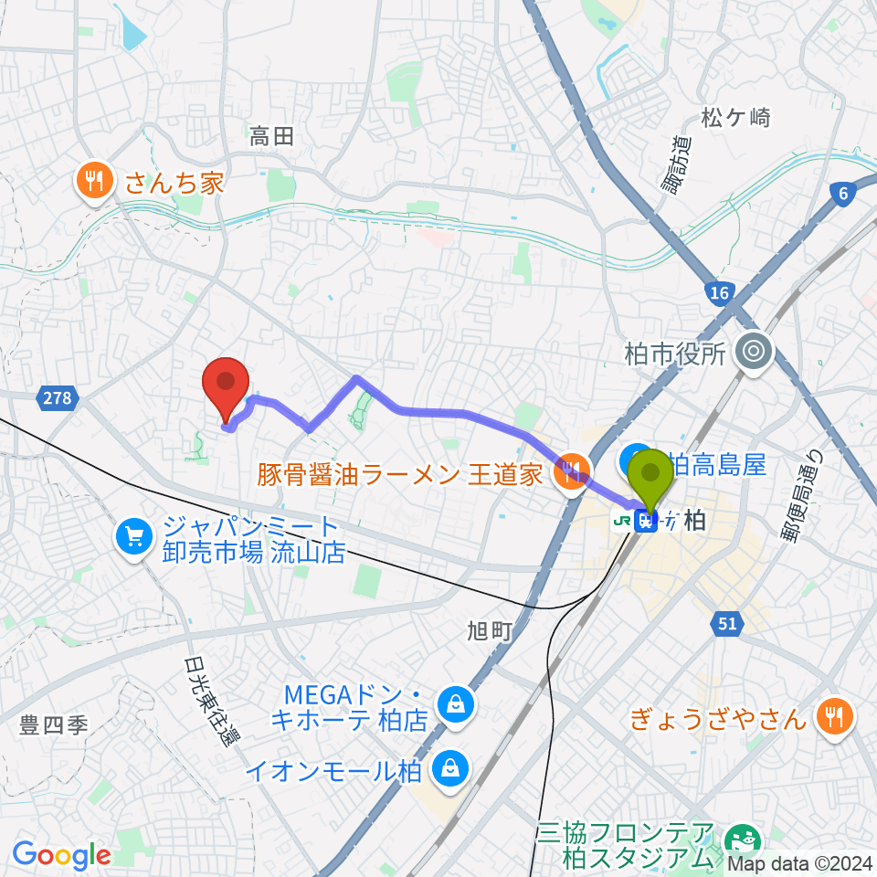 柏駅からさかじり音楽教室へのルートマップ地図