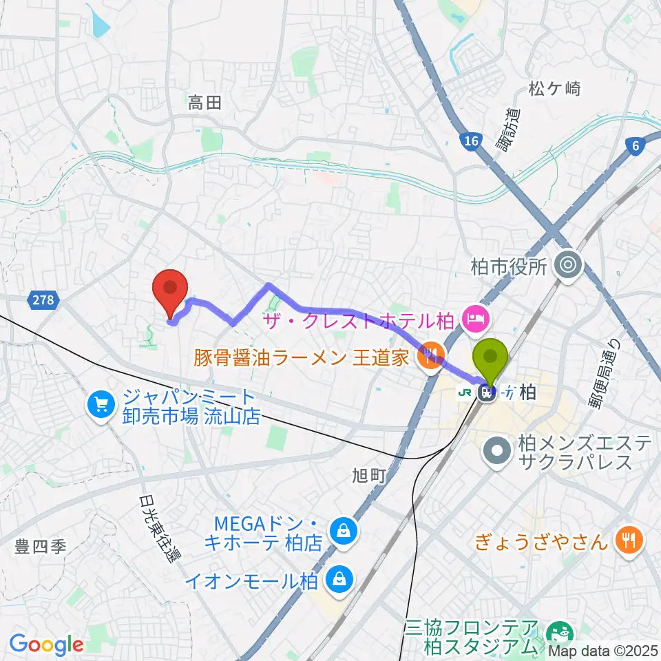 柏駅からさかじり音楽教室へのルートマップ地図