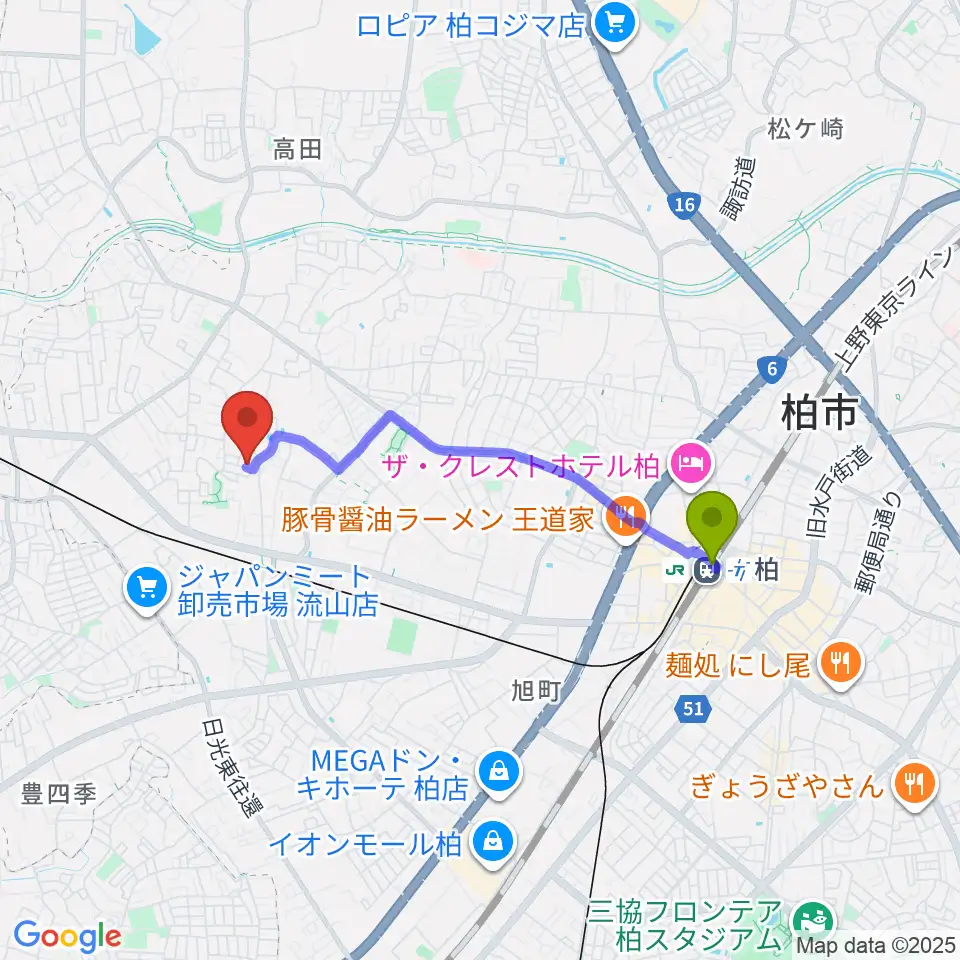 柏駅からさかじり音楽教室へのルートマップ地図