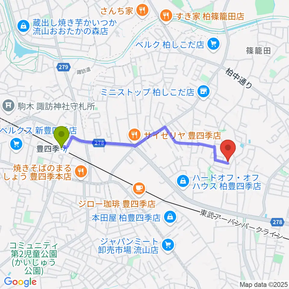 さかじり音楽教室の最寄駅豊四季駅からの徒歩ルート（約18分）地図