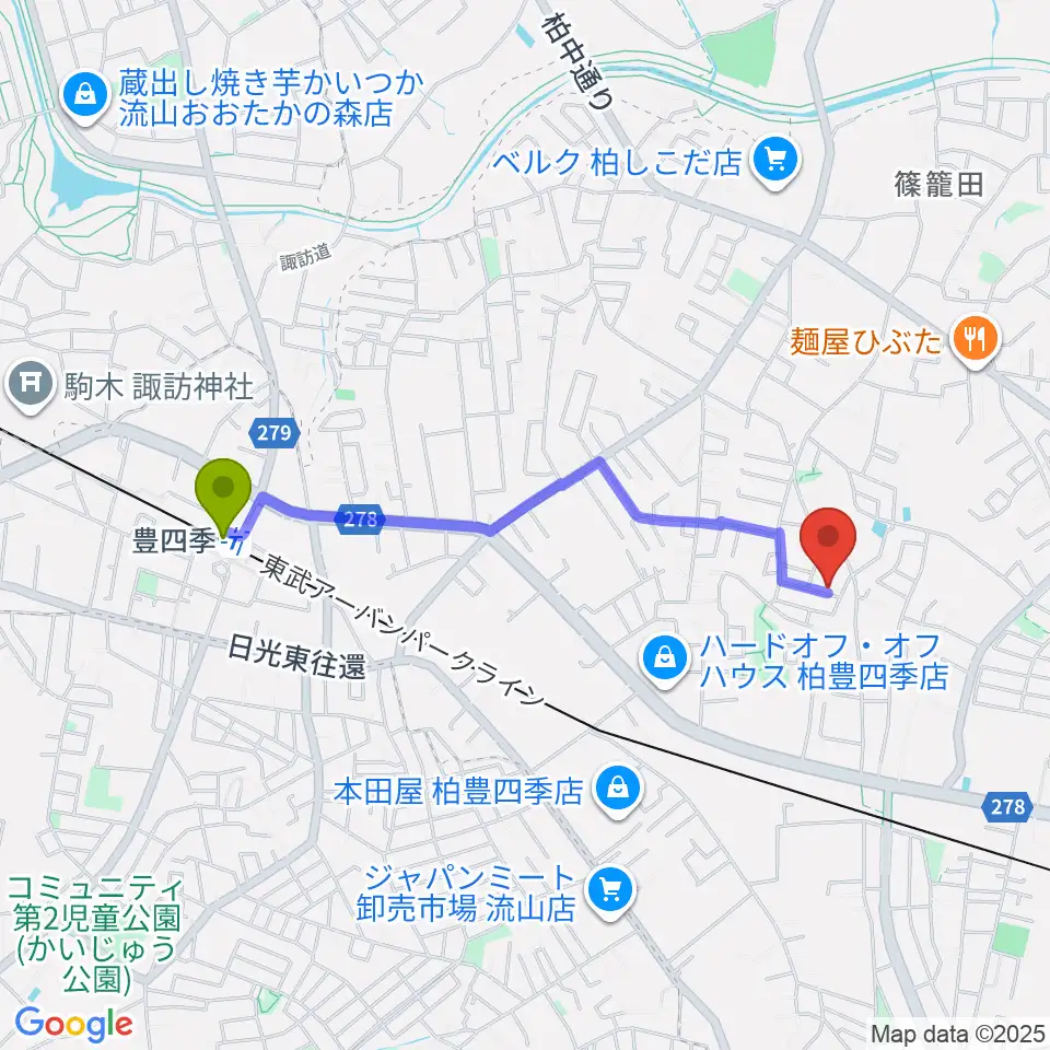 さかじり音楽教室の最寄駅豊四季駅からの徒歩ルート（約18分）地図