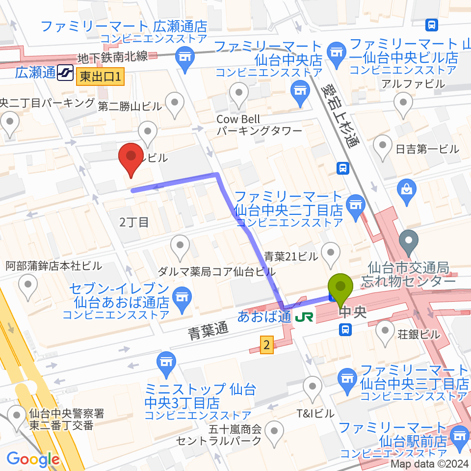 あおば通駅から仙台enn 2nd・enn 3rdへのルートマップ地図