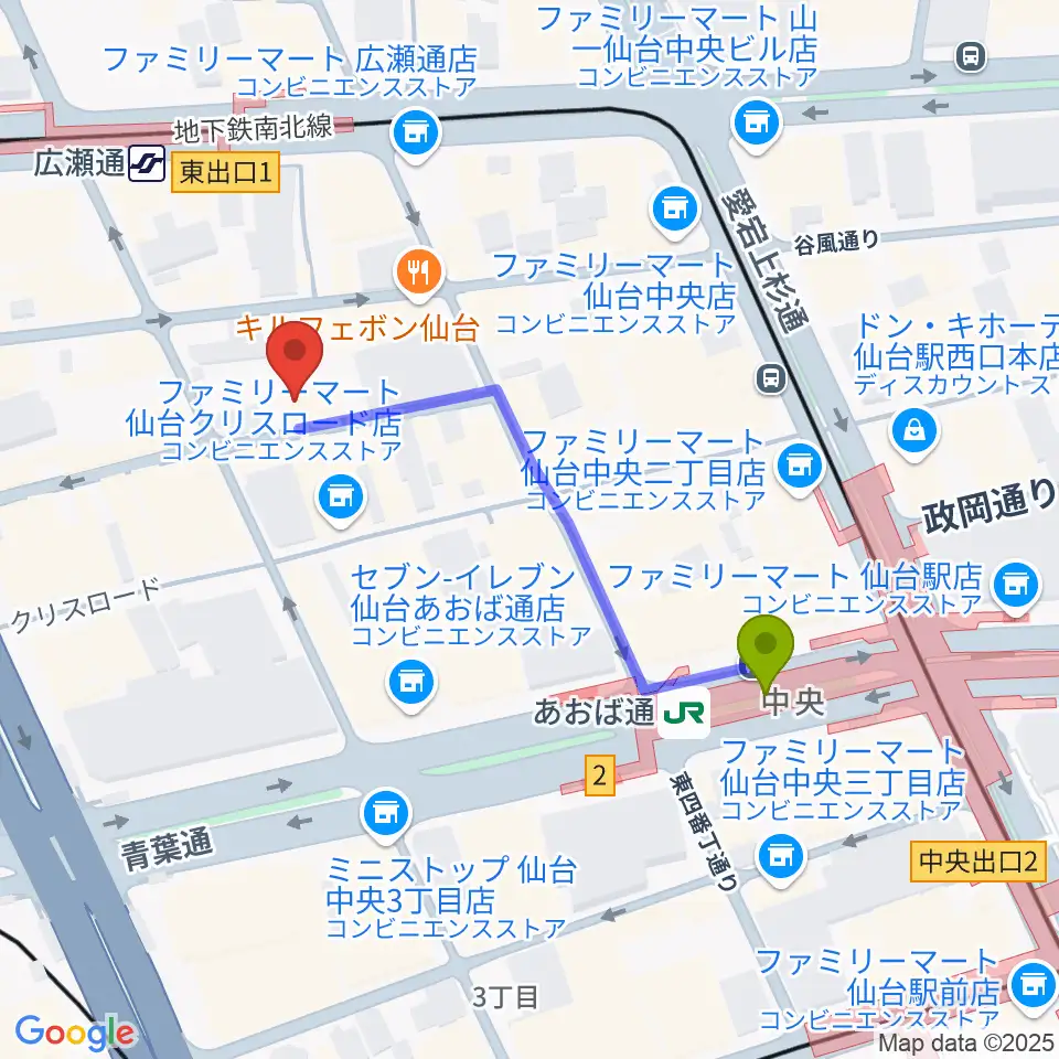あおば通駅から仙台enn 2nd・enn 3rdへのルートマップ地図