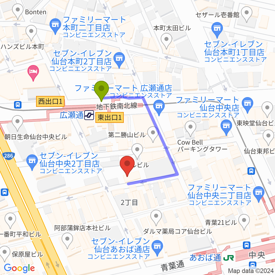 仙台enn 2nd・enn 3rdの最寄駅広瀬通駅からの徒歩ルート（約2分）地図