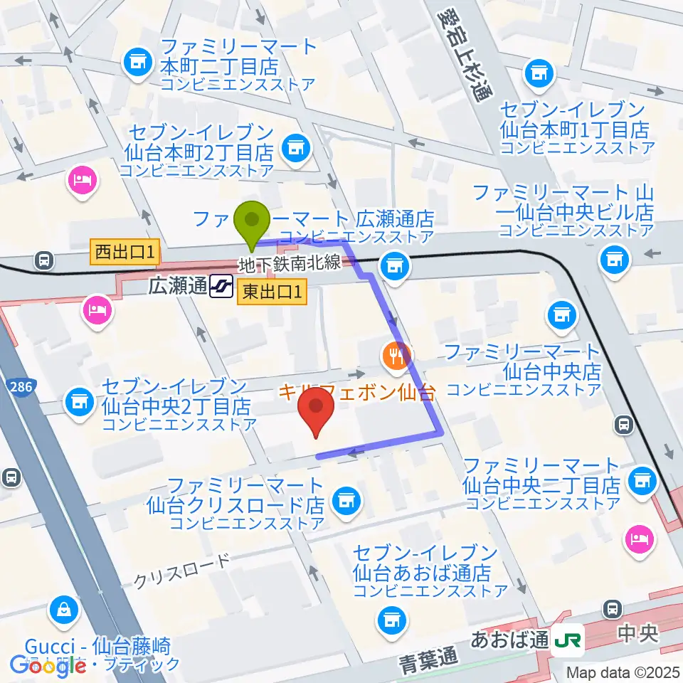 仙台enn 2nd・enn 3rdの最寄駅広瀬通駅からの徒歩ルート（約2分）地図