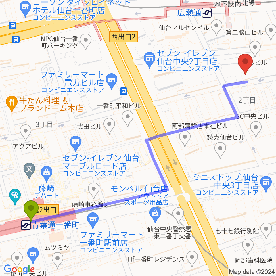 青葉通一番町駅から仙台enn 2nd・enn 3rdへのルートマップ地図