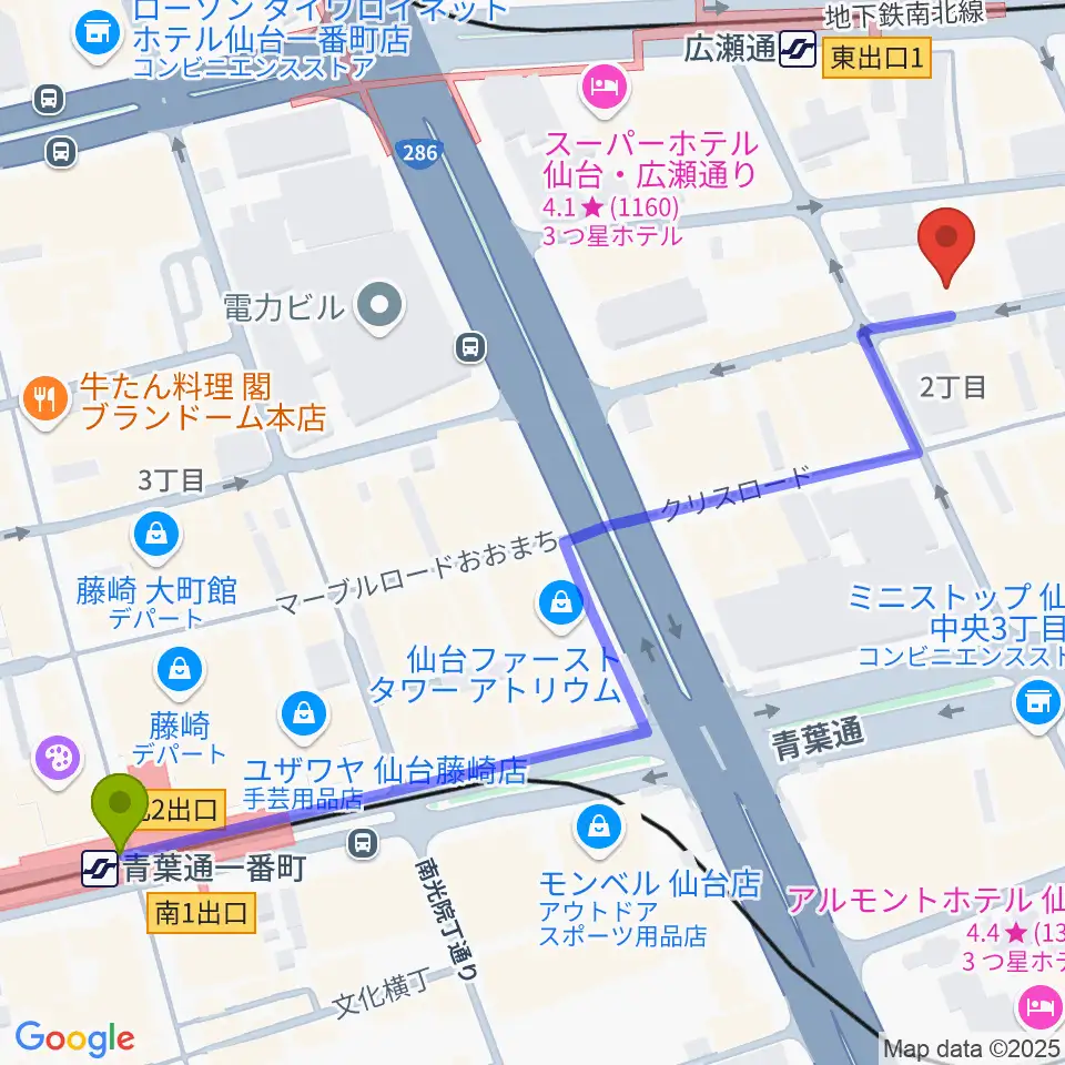 青葉通一番町駅から仙台enn 2nd・enn 3rdへのルートマップ地図
