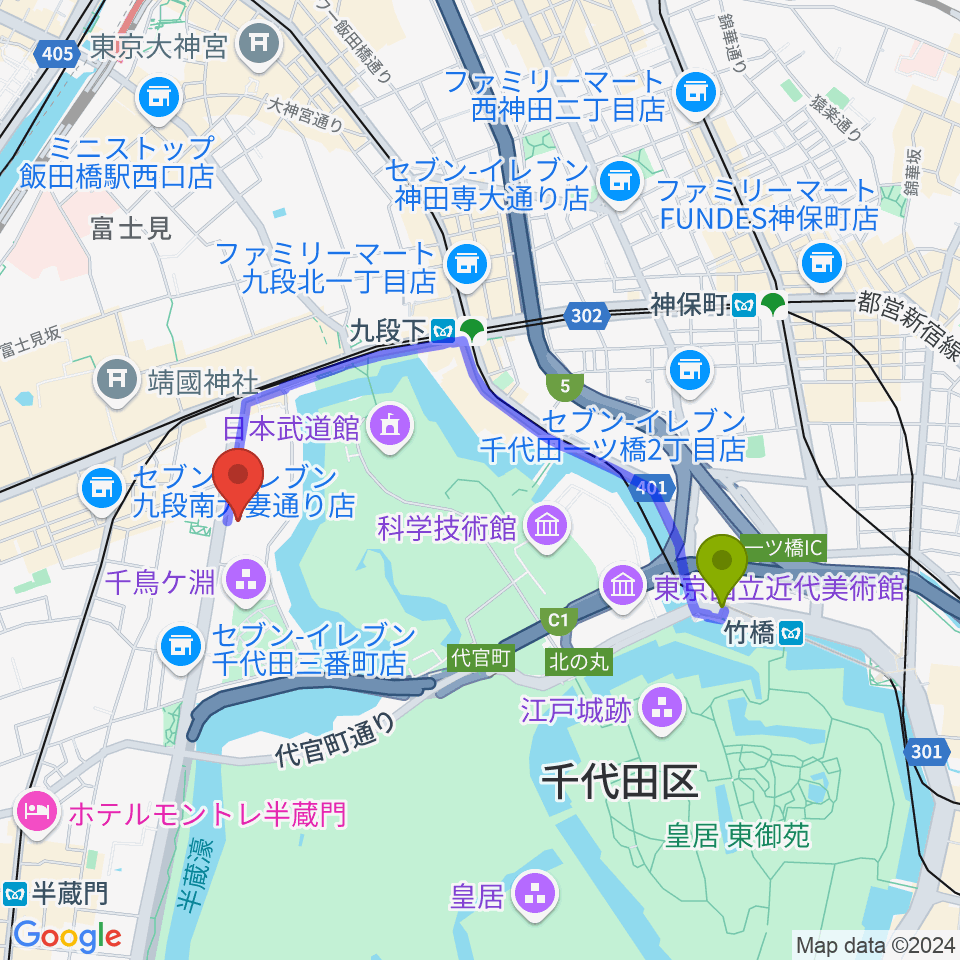 竹橋駅からイタリア文化会館 アニェッリホールへのルートマップ地図