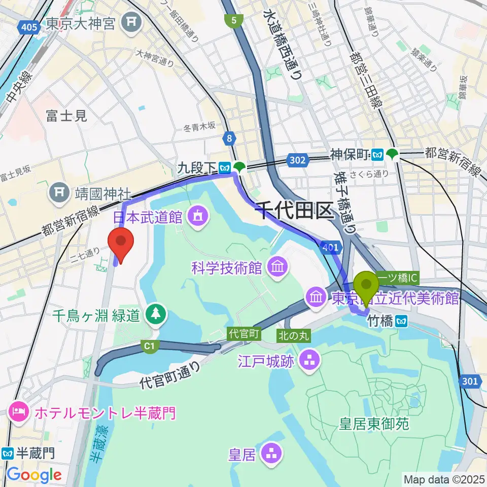 竹橋駅からイタリア文化会館 アニェッリホールへのルートマップ地図