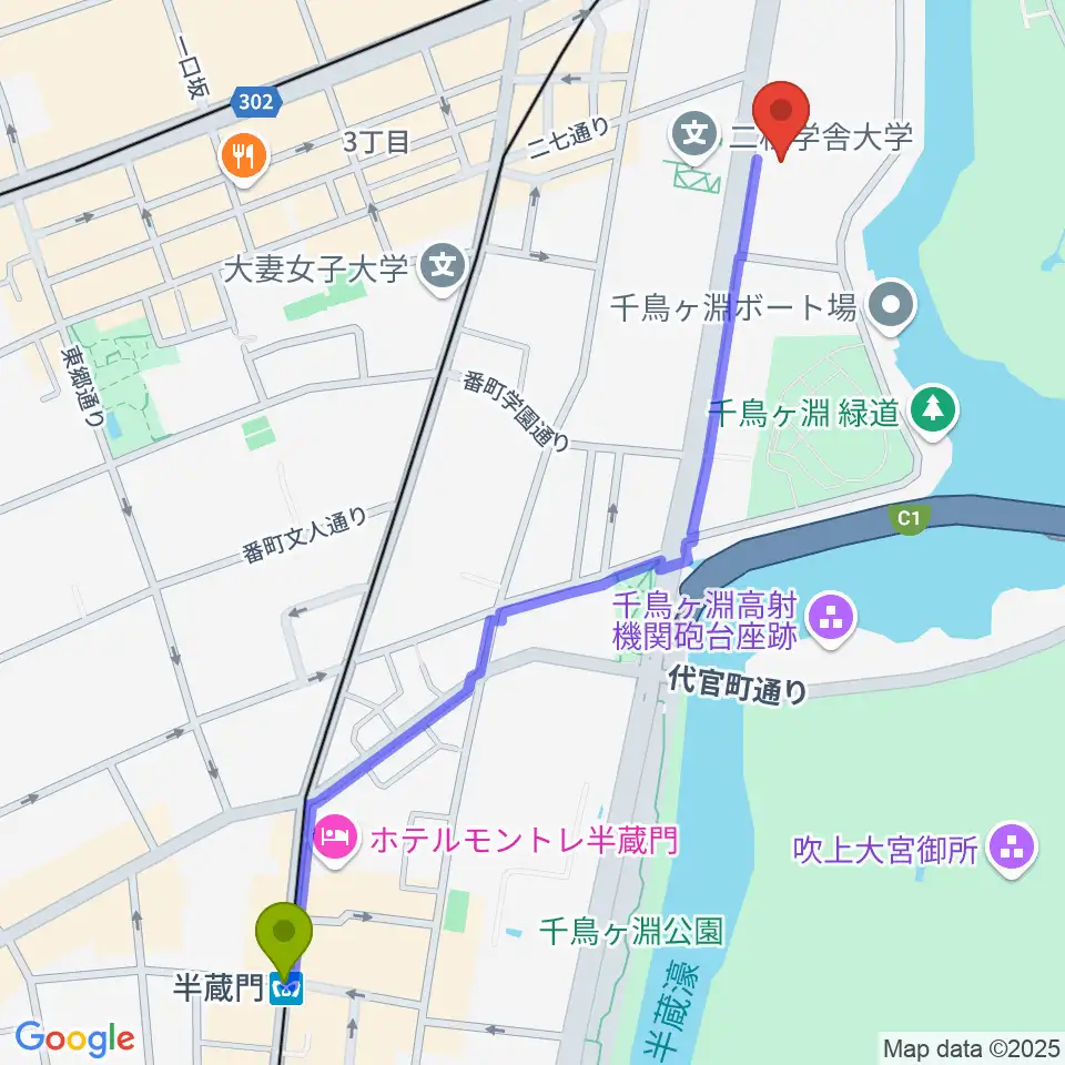 半蔵門駅からイタリア文化会館 アニェッリホールへのルートマップ地図
