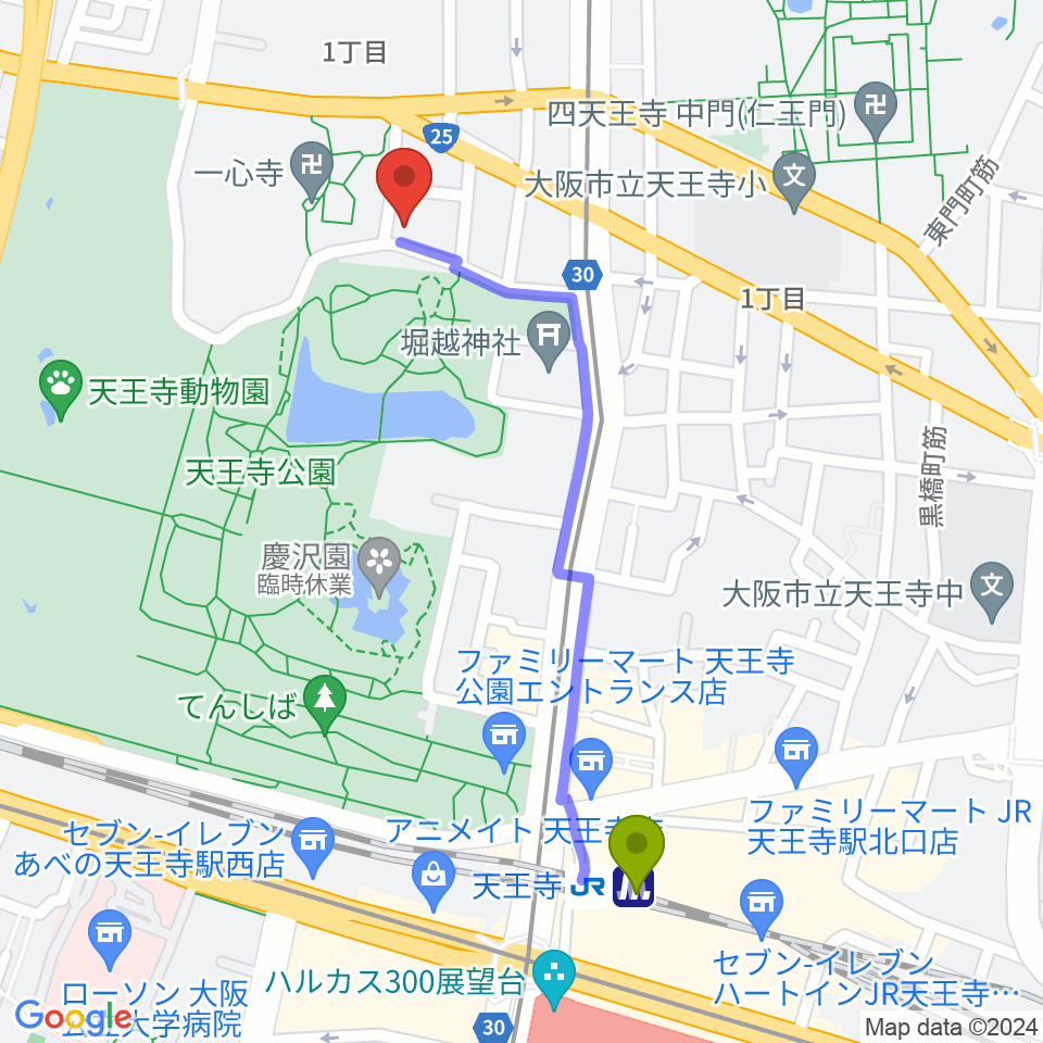 天王寺駅から一心寺シアター倶楽へのルートマップ地図