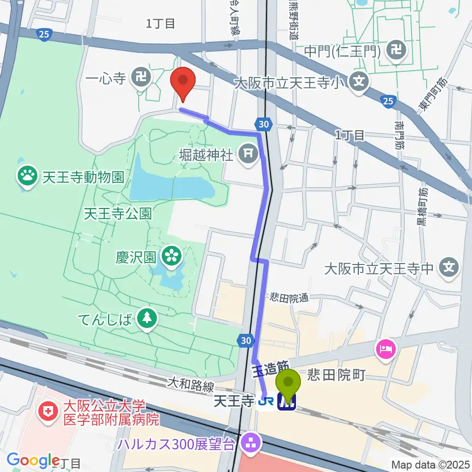 天王寺駅から一心寺シアター倶楽へのルートマップ地図