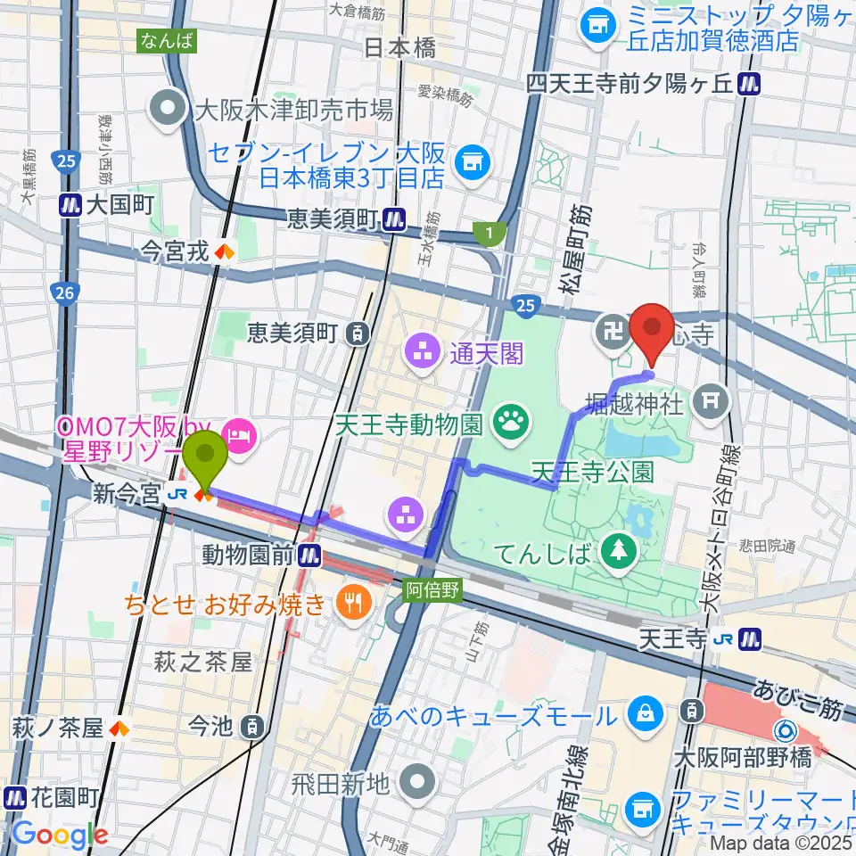 新今宮駅から一心寺シアター倶楽へのルートマップ地図