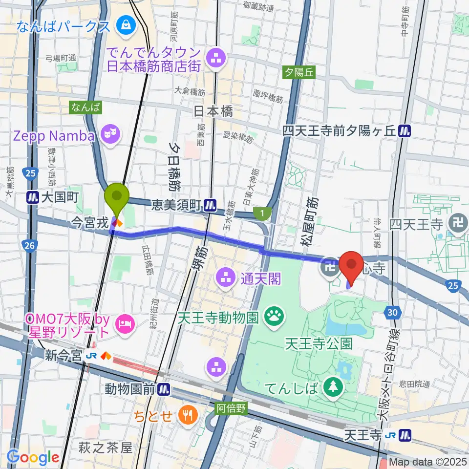 今宮戎駅から一心寺シアター倶楽へのルートマップ地図