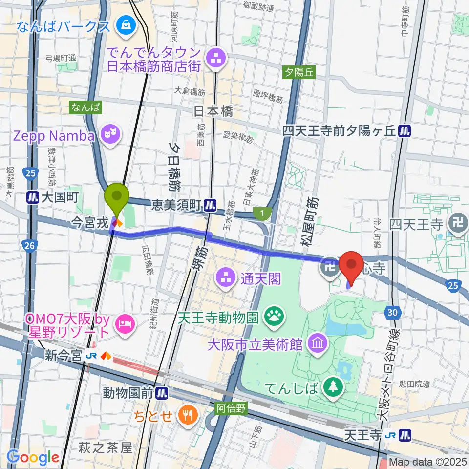 今宮戎駅から一心寺シアター倶楽へのルートマップ地図