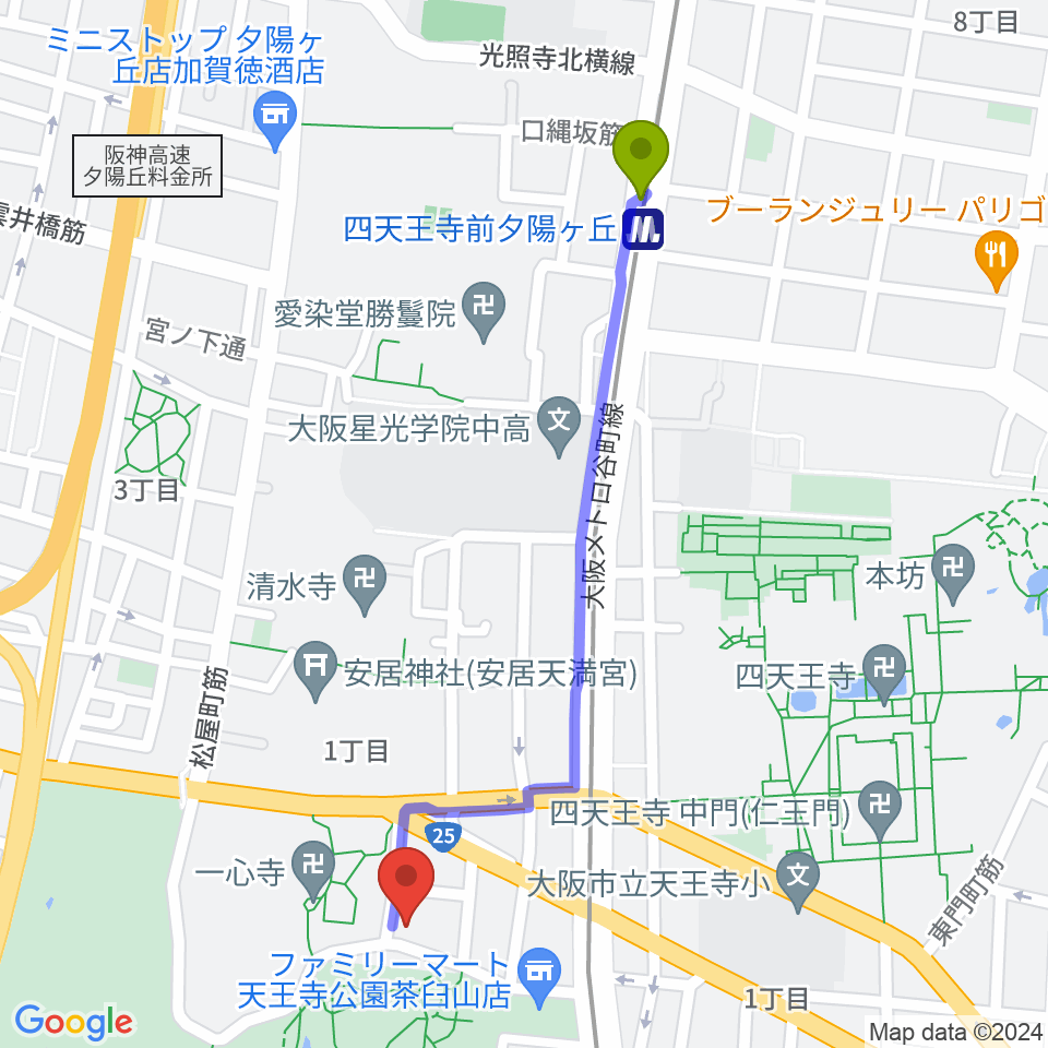 四天王寺前夕陽ヶ丘駅から一心寺シアター倶楽へのルートマップ地図