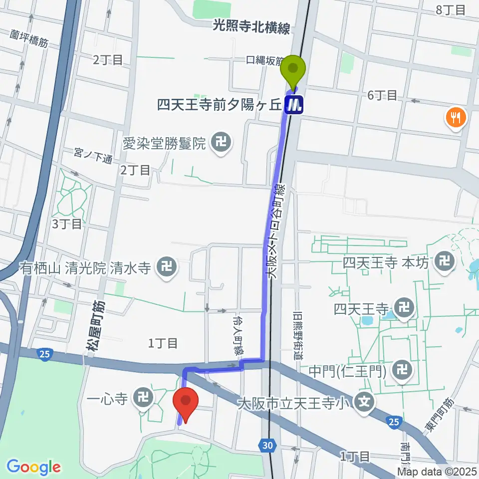 四天王寺前夕陽ヶ丘駅から一心寺シアター倶楽へのルートマップ地図