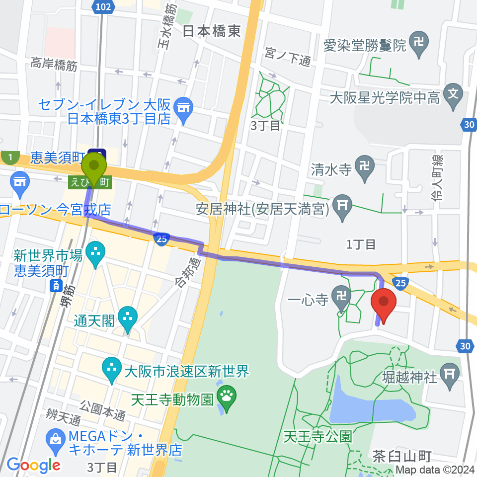 一心寺シアター倶楽の最寄駅恵美須町駅からの徒歩ルート（約11分）地図