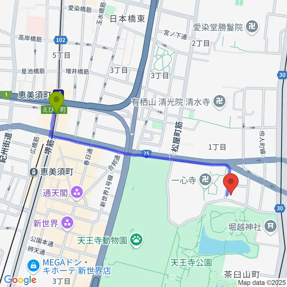 一心寺シアター倶楽の最寄駅恵美須町駅からの徒歩ルート（約11分）地図