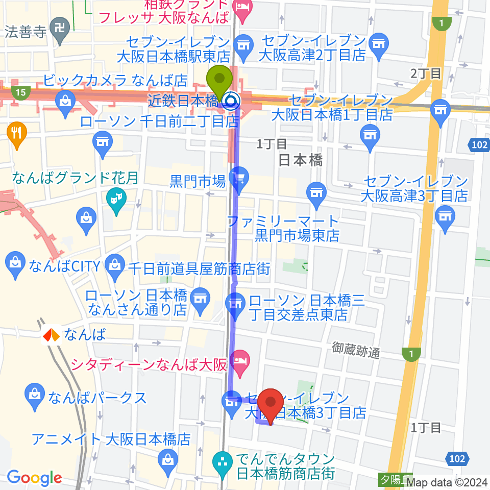 近鉄日本橋駅からインディペンデントシアター1stへのルートマップ地図