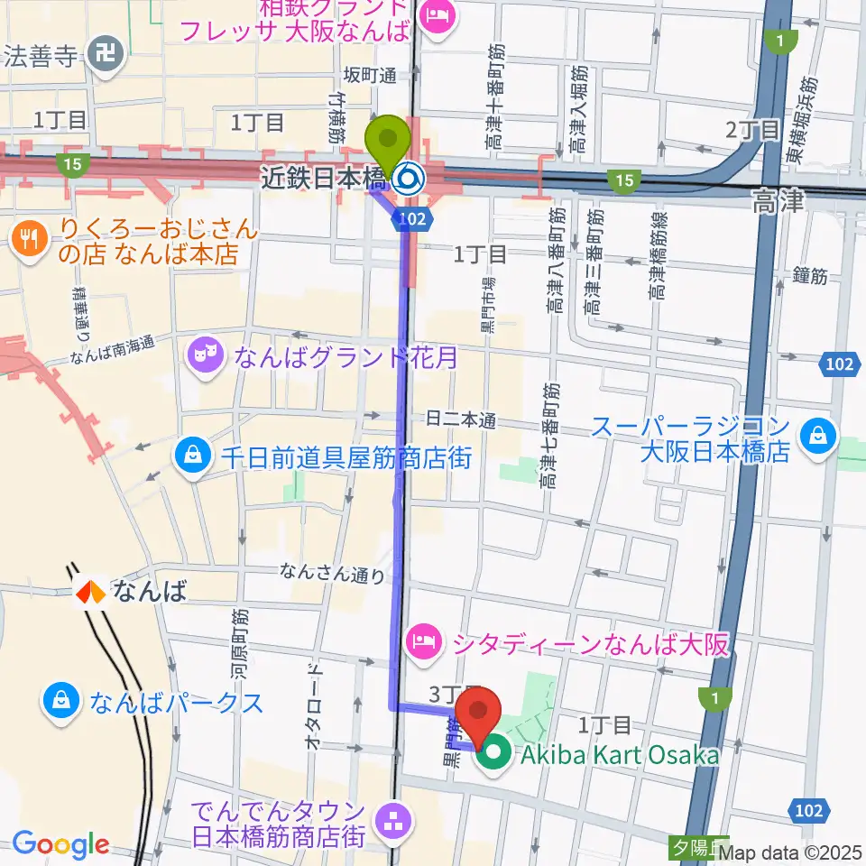 近鉄日本橋駅からインディペンデントシアター1stへのルートマップ地図