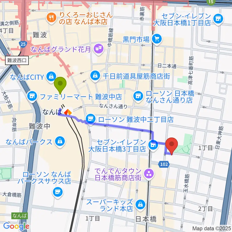 インディペンデントシアター1stの最寄駅難波駅からの徒歩ルート（約9分）地図