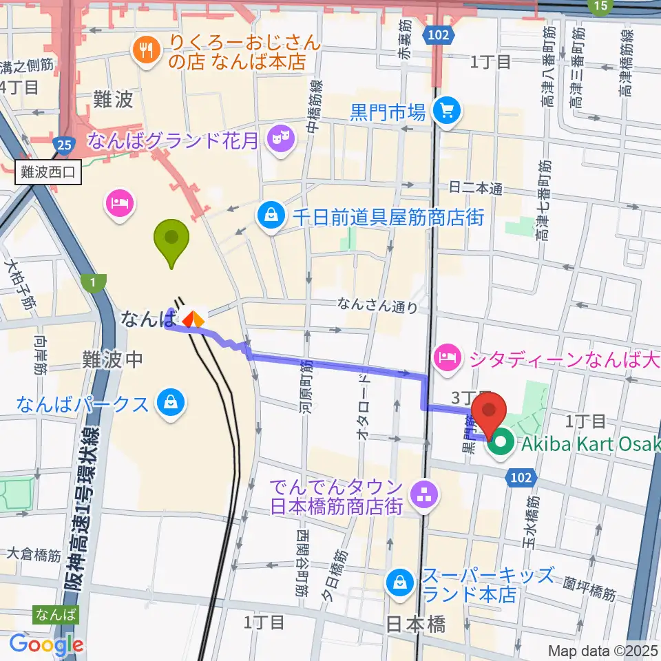 インディペンデントシアター1stの最寄駅難波駅からの徒歩ルート（約9分）地図