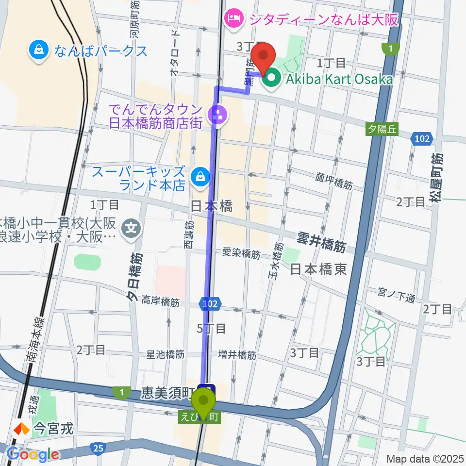 恵美須町駅からインディペンデントシアター1stへのルートマップ地図
