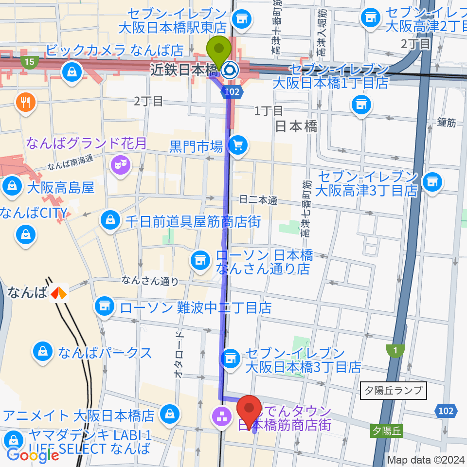 近鉄日本橋駅からインディペンデントシアター2ndへのルートマップ地図