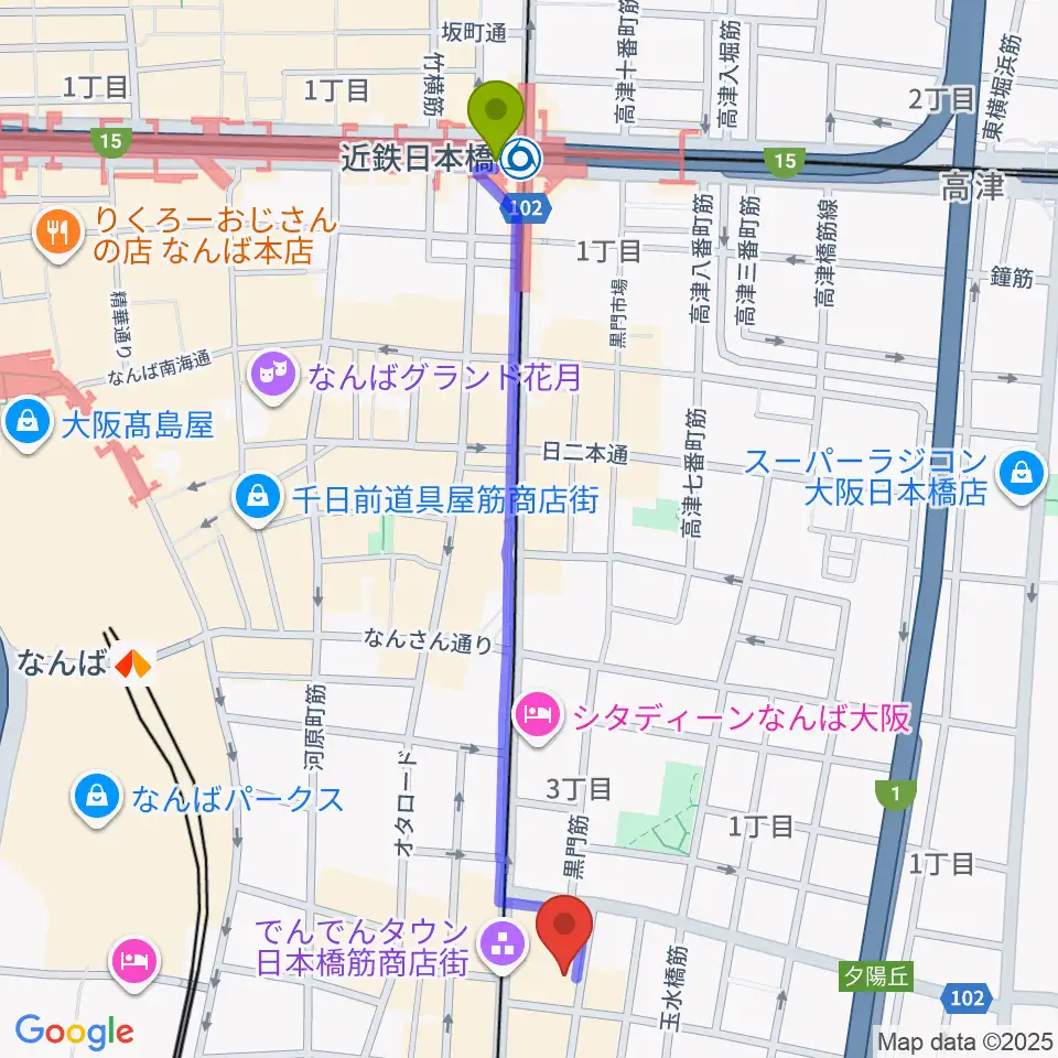 近鉄日本橋駅からインディペンデントシアター2ndへのルートマップ地図