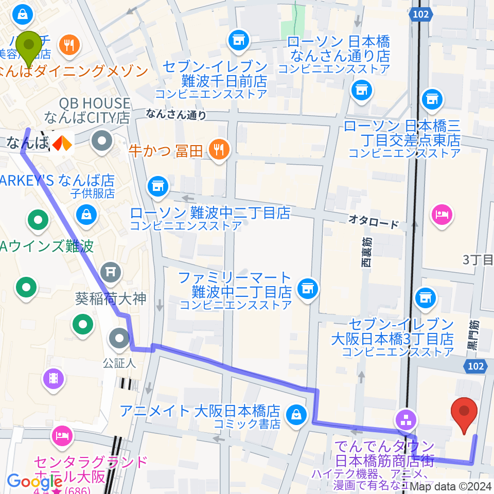 インディペンデントシアター2ndの最寄駅難波駅からの徒歩ルート（約9分）地図