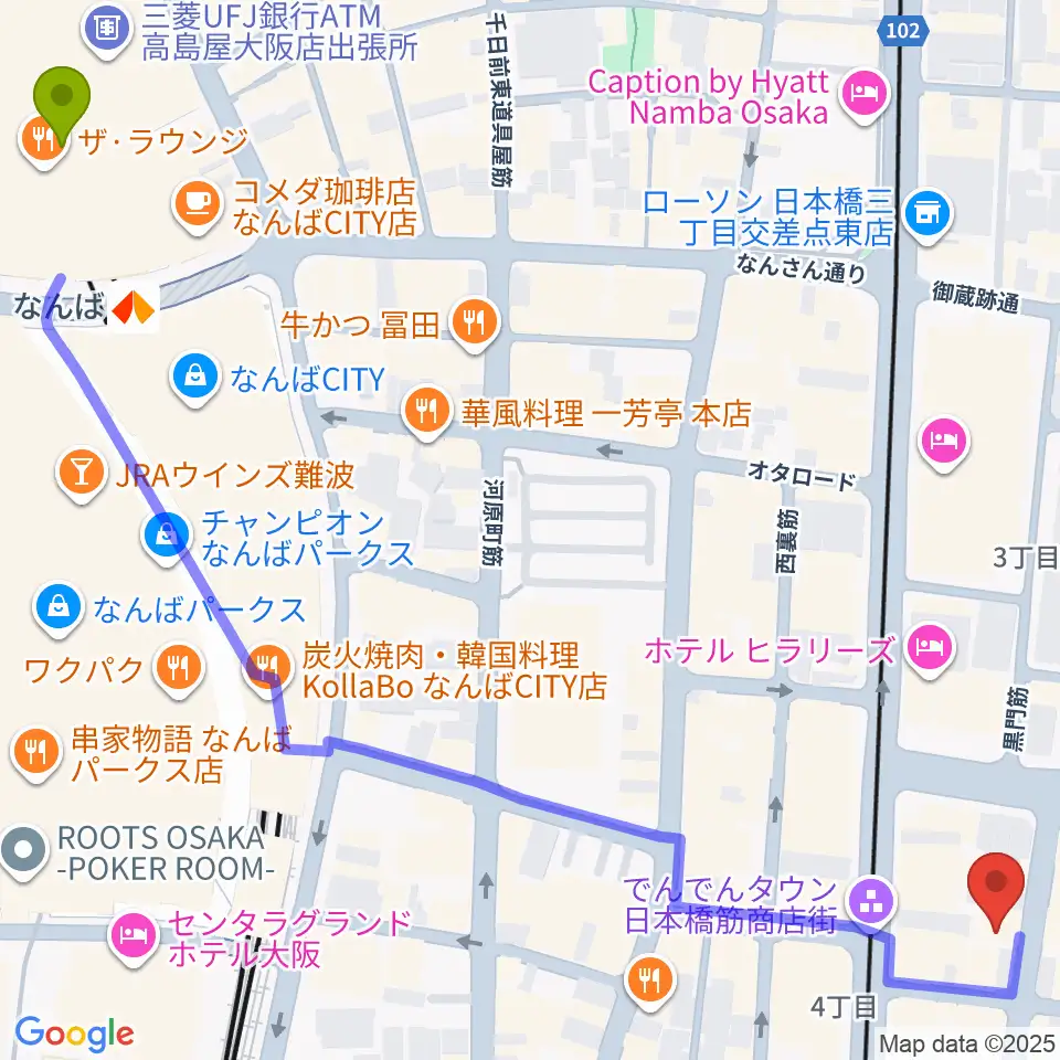 インディペンデントシアター2ndの最寄駅難波駅からの徒歩ルート（約9分）地図