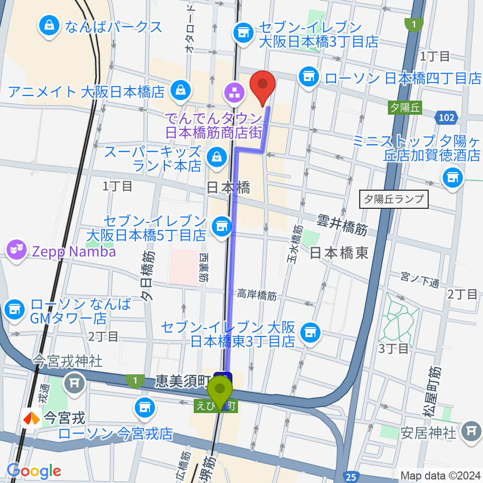 恵美須町駅からインディペンデントシアター2ndへのルートマップ地図