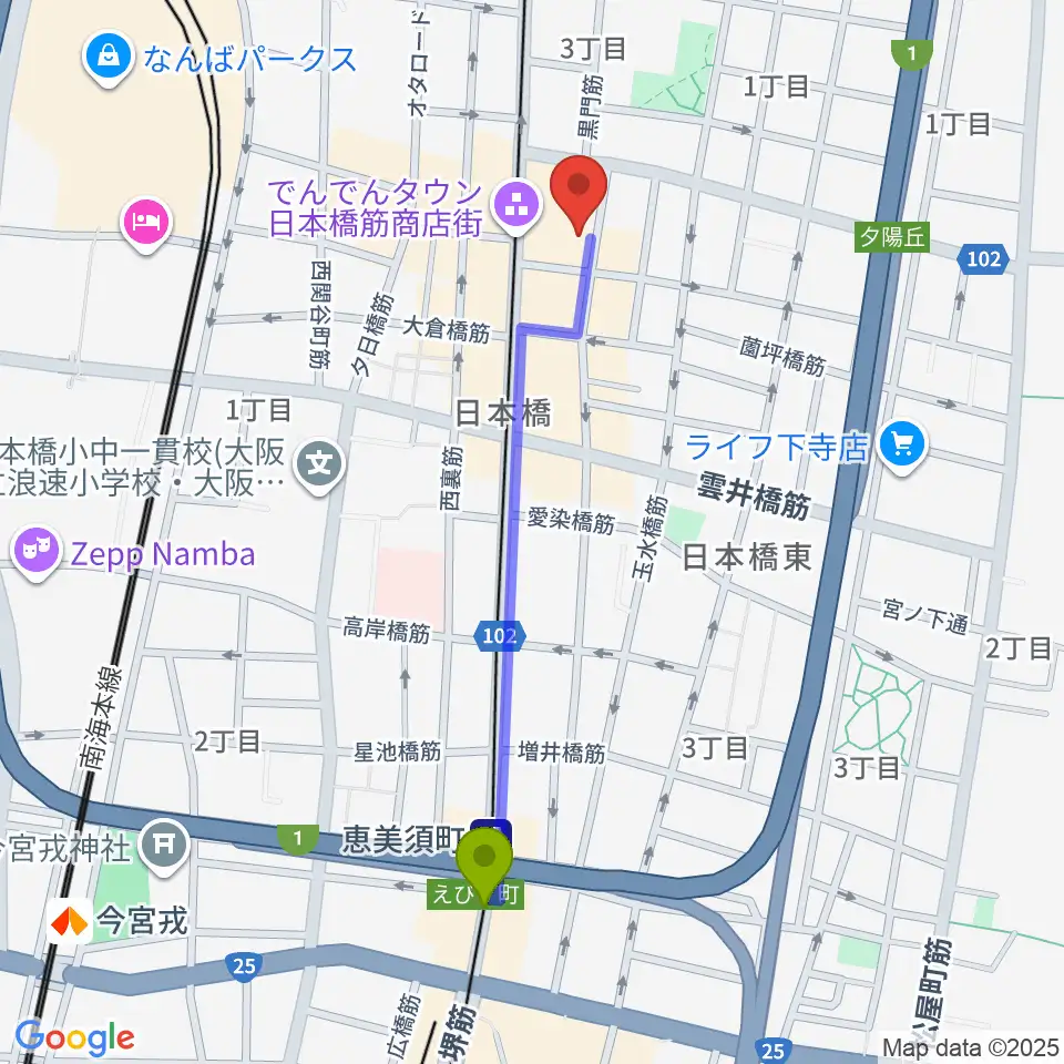 恵美須町駅からインディペンデントシアター2ndへのルートマップ地図