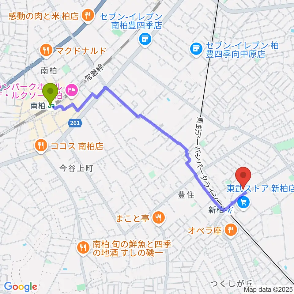 南柏駅から新柏パタータへのルートマップ地図