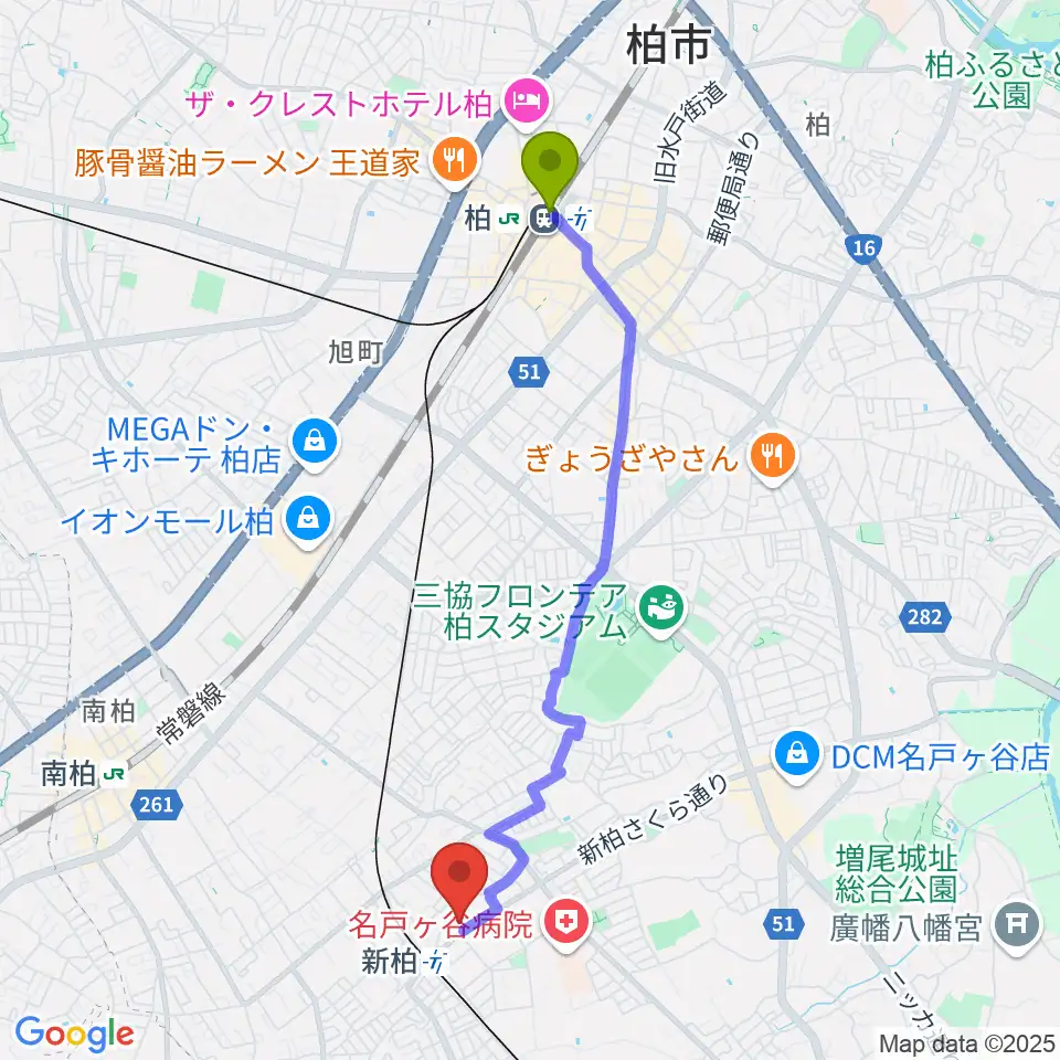 柏駅から新柏パタータへのルートマップ地図