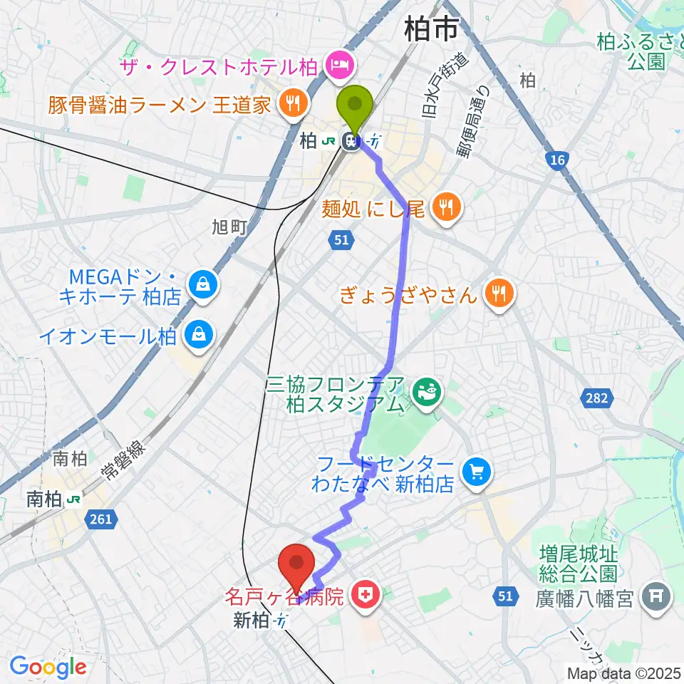 柏駅から新柏パタータへのルートマップ地図